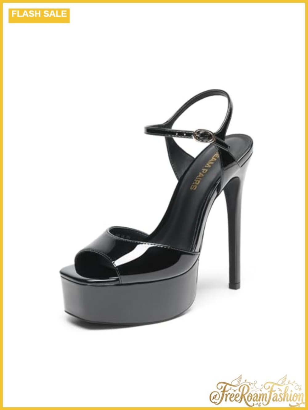 Faux Leather Platform Heeled Sandals Square Toe Ankle Strap